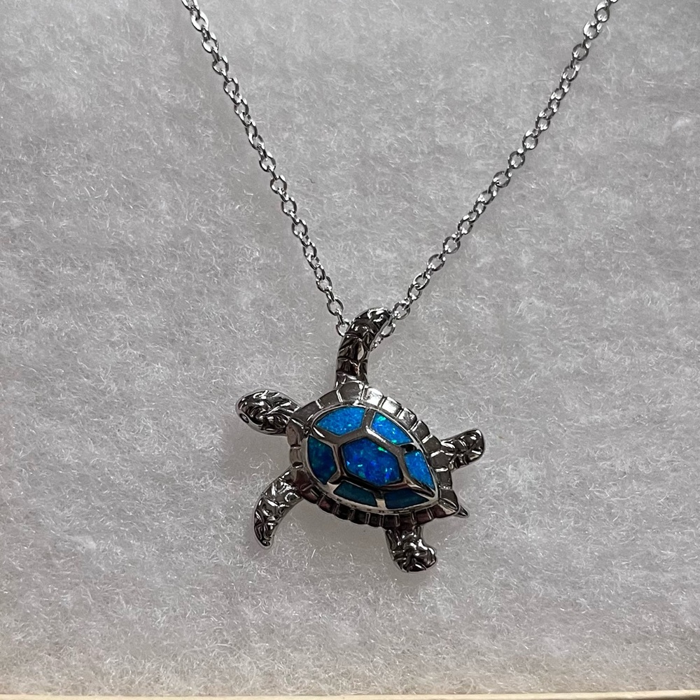 Silver Turtle Pendant Necklace with Blue Shell